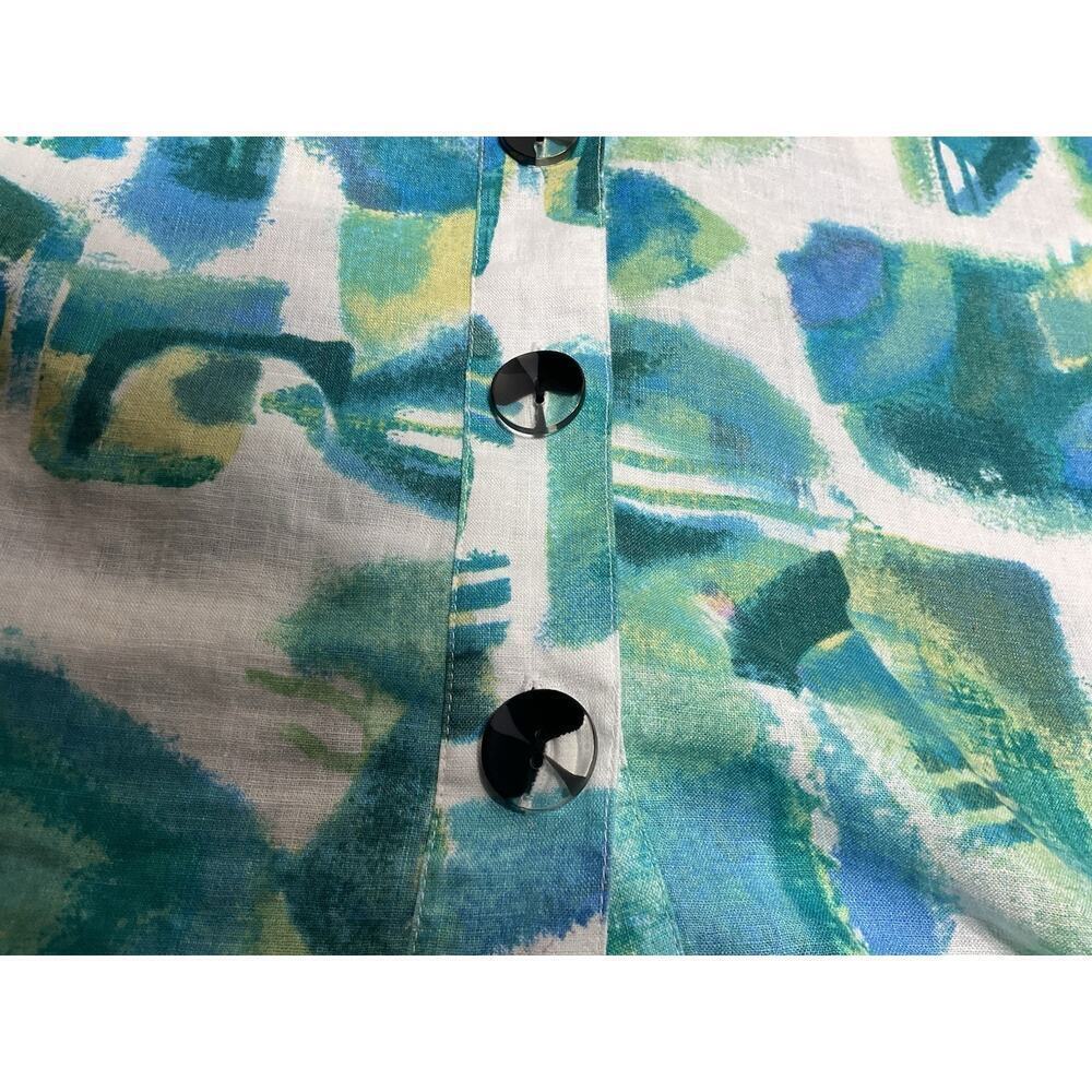 Ali Miles Button Front Tunic Top Linen Blend Blue Green Watercolor Abstract Sz L - Picture 7 of 10